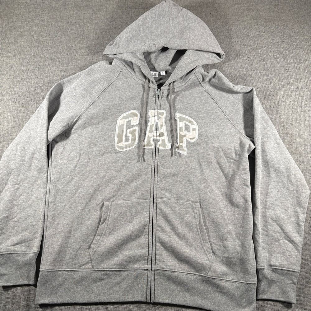 GAP Zip Up Hoodie Women‎ XL Gray Camo Logo Raglan Fleece Sweatshirt